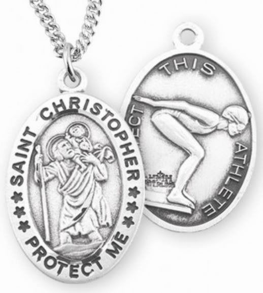 Female Swimming / St. Christopher Medal in Sterling Silver, 7/8", Your Choice of Chain, # 6615