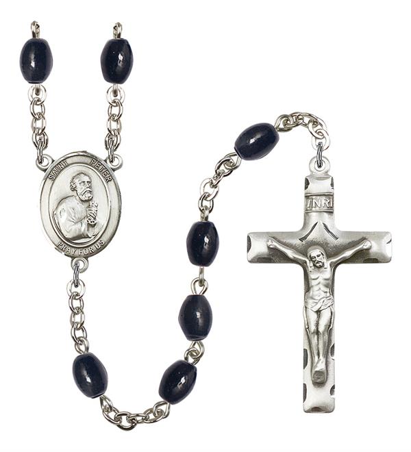 St. Peter the Apostle Rosary, 8x6mm Black Onyx Beads, Silver Plate, # 66162
