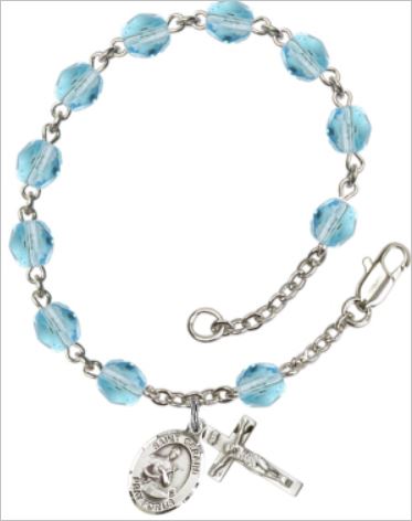 6mm Fire Polished Silver Plate Rosary Bracelet, Aqua, St. Gerard, # 66172