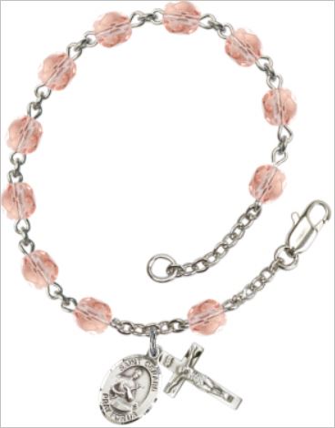 6mm Fire Polished Silver Plate Rosary Bracelet, Pink, St. Gerard, # 66179