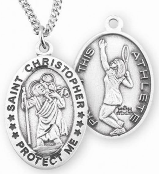 Female Tennis / St. Christopher Medal in Sterling Silver, 7/8", Your Choice of Chain, # 6618
