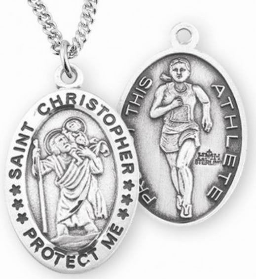 Female Track / St. Christopher Medal in Sterling Silver, 7/8", Your Choice of Chain, # 6625
