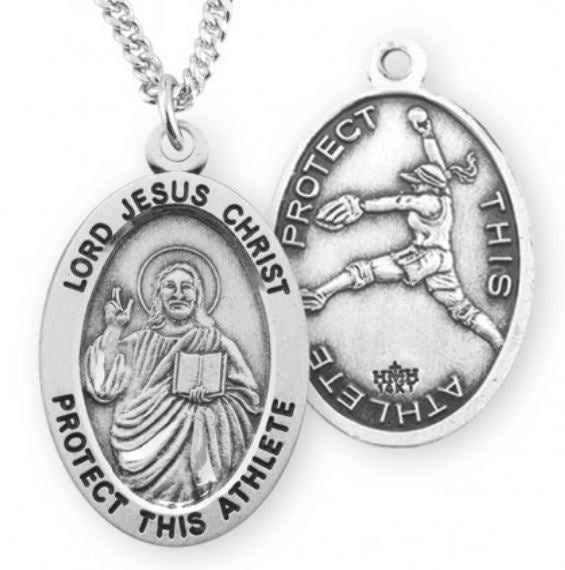 Female Softball / Christ Medal in Sterling Silver, 7/8", Your Choice of Chain, # 6640