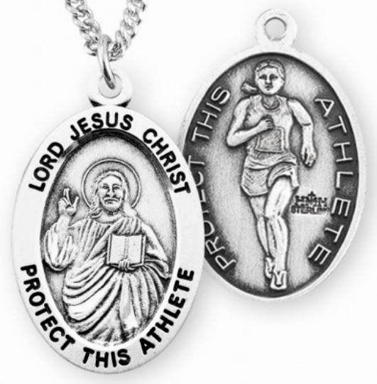 Female Track / Christ Medal in Sterling Silver, 7/8", Your Choice of Chain, # 6649