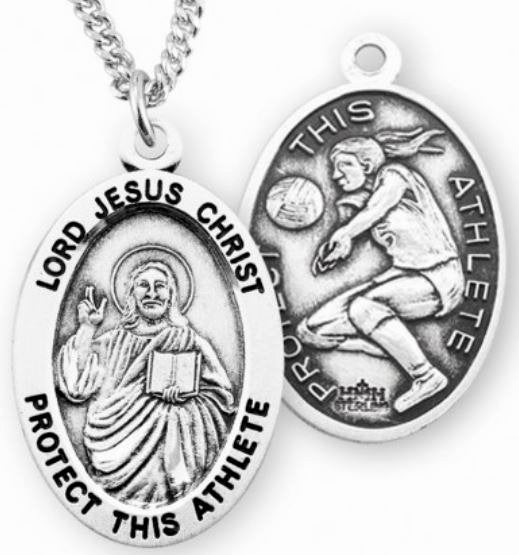 Female Volleyball / Christ Medal in Sterling Silver, 7/8", Your Choice of Chain, # 6650
