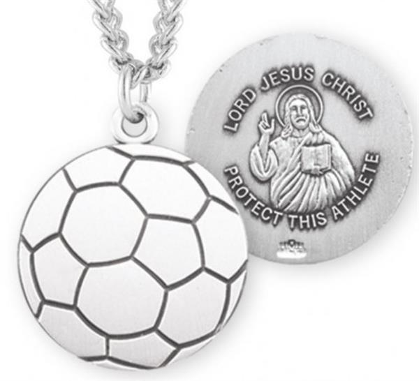 Soccer / Christ Medal in Sterling Silver, 11/16", Your Choice of Chain, # 6654