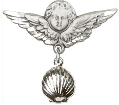 Large Angel Baby Pin with Shell, Sterling Silver, # 66610