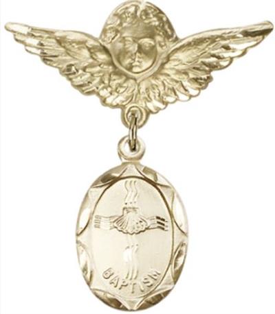 Large Angel Baby Pin with Baptism Medal, Solid 14kt Gold, # 66677