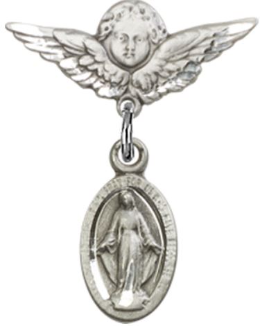 Small Angel Baby Pin with Miraculous Medal, Sterling Silver, # 66728