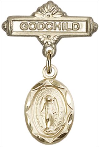 Godchild Baby Pin with Miraculous Medal, Solid 14kt Gold, # 66766