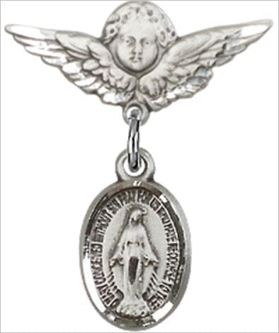 Small Angel Baby Pin with Miraculous Medal, Sterling Silver, # 66770