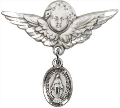 Large Angel Baby Pin with Miraculous Medal, Sterling Silver, # 66773