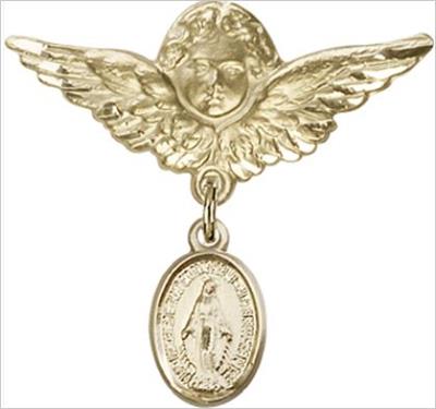 Large Angel Baby Pin with Miraculous Medal, Solid 14kt Gold, # 66775