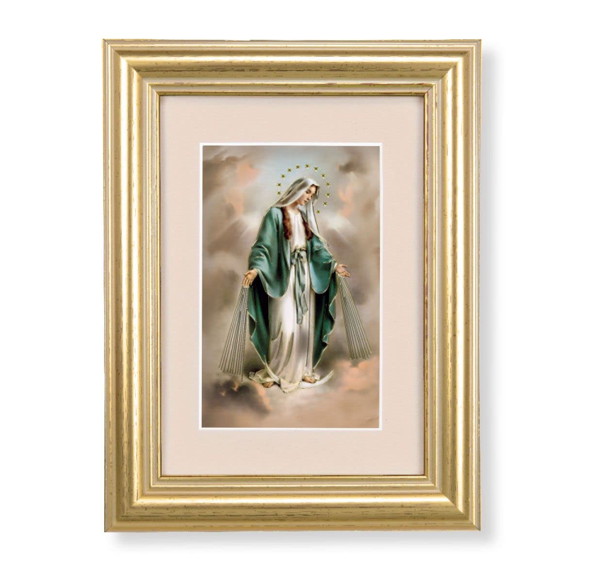 Our Lady of Grace Picture, 5"x6.5" Antique Gold Fluted Frame, Behind Cream Velvet Matting # 28223