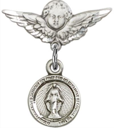 Small Angel Baby Pin with Miraculous Medal, Sterling Silver, # 66792