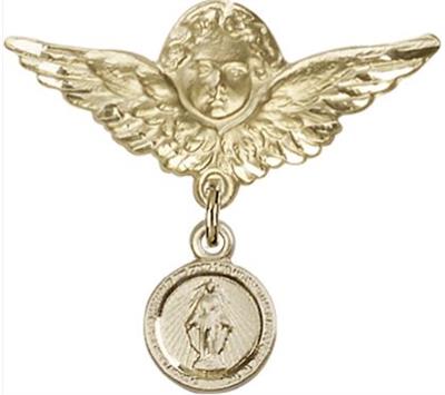 Large Angel Baby Pin with Miraculous Medal, Solid 14kt Gold, # 66797