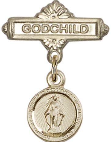 Godchild Baby Pin with Miraculous Medal, Solid 14kt Gold, # 66809