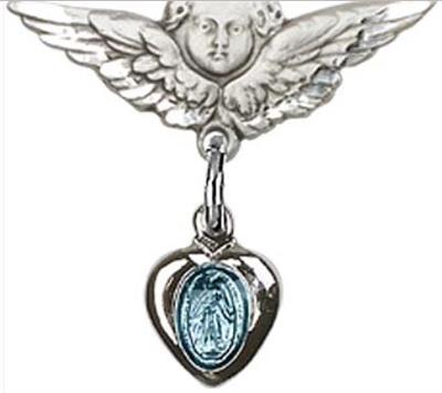 Small Angel Baby Pin with Blue Miraculous Medal, Sterling Silver, # 66811