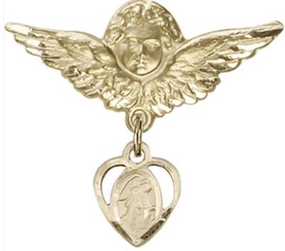 Large Angel Baby Pin with Guardian Angel Charm, Solid 14kt Gold, # 66832