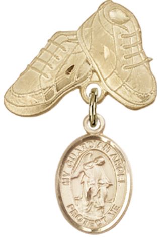 Baby Boots Baby Pin with Guardian Angel Charm, Solid 14kt Gold, # 66868