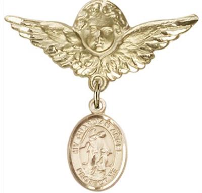 Large Angel Baby Pin with Guardian Angel Charm, Solid 14kt Gold, # 66874