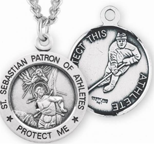 Sterling 7/8" St. Sebastian / Hockey Medal, Your Choice of Chain, # 6687