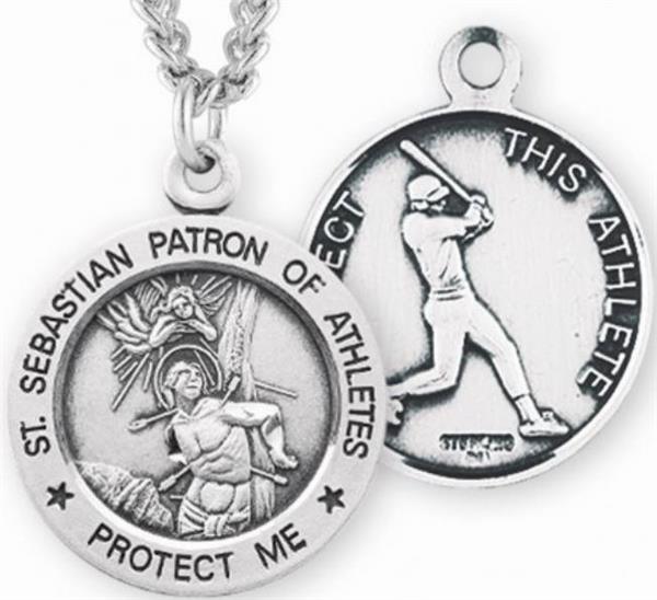 Sterling 7/8" St. Sebastian / Baseball Medal, Your Choice of Chain, # 6689
