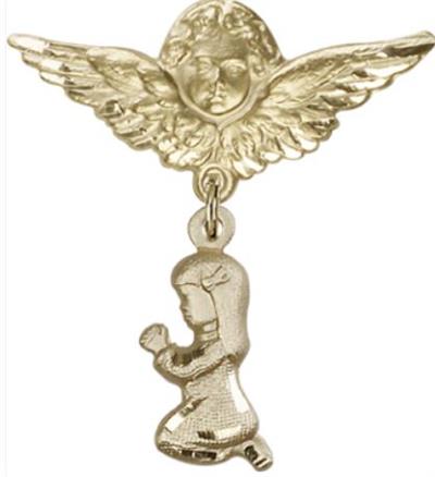 Large Angel Pin with Baby Girl Charm, Solid 14kt Gold, # 66981