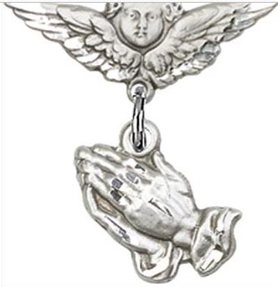 Small Angel Pin with Praying Hands Charm, Sterling Silver, # 66997