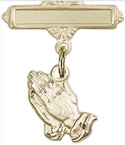 Baby Pin with Praying Hands Charm, Solid 14kt Gold, # 67005