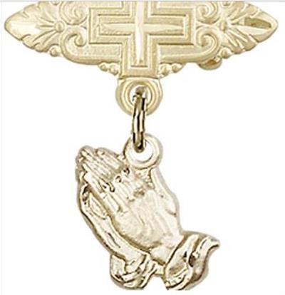 Baby Pin with Praying Hands Charm, 14kt Gold Filled, # 67007