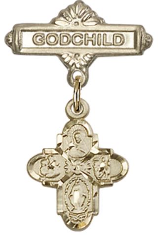 Godchild Baby Pin with 4-Way Charm, Solid 14kt Gold, # 67056