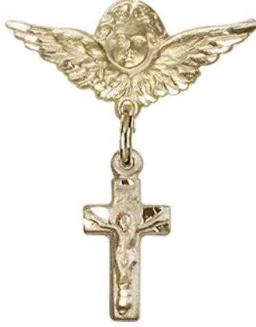 Small Angel Pin with Crucifix Charm, Solid 14kt Gold, # 67083