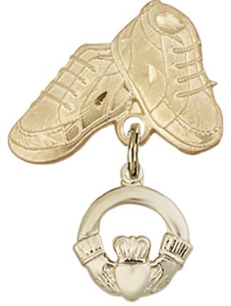 Baby Boots Pin with Claddagh Charm, Solid 14kt Gold, # 67143