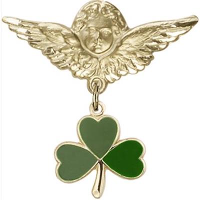 Large Angel Pin with Green Shamrock Charm, Solid 14kt Gold, # 67170