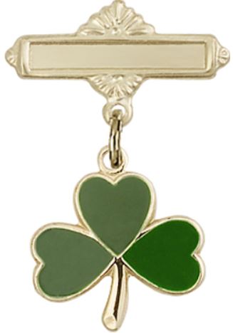 Baby Pin with Green Shamrock Charm, Solid 14kt Gold, # 67173