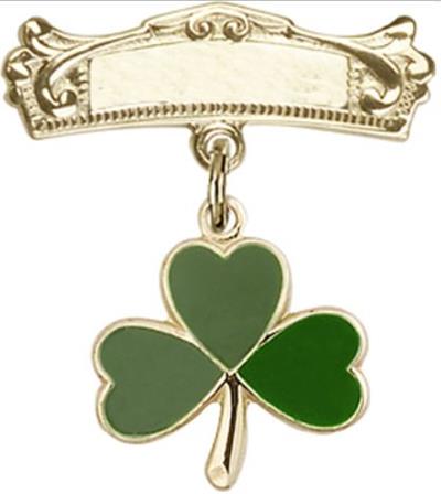 Baby Pin with Green Shamrock Charm, Solid 14kt Gold, # 67179