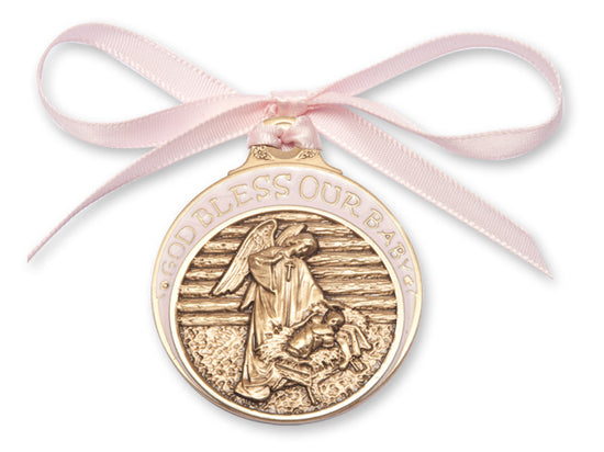 Gold Finish Baby in Manger Crib Medal with Pink Enamel & Ribbon, # 67186