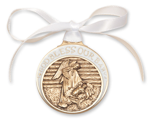 Gold Finish Baby in Manger Crib Medal with White Enamel & Ribbon, # 67188