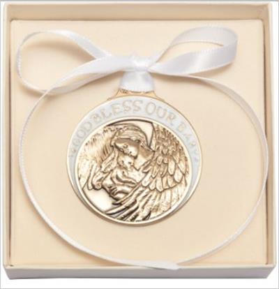 Gold Finish Angel with Baby Crib Medal with White Enamel & Ribbon, # 67194