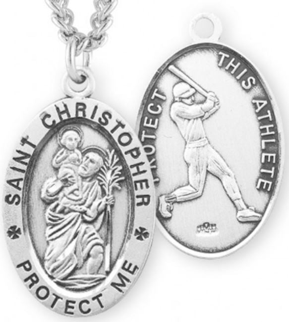 St. Christopher / Baseball Medal, 15/16" Oval, Your Choice of Chain, # 6730