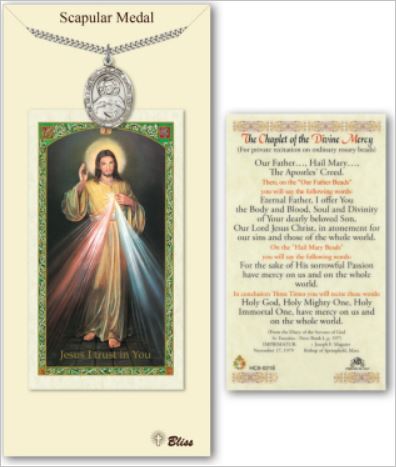 Scapular Pewter Medal with Divine Mercy Prayer Card, # 67338