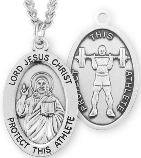 Christ / Weight Lifting Medal, 15/16" Oval, Your Choice of Chain, # 6741