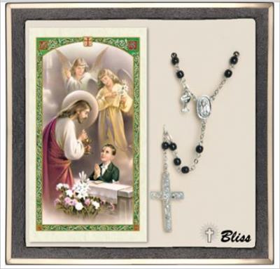 Black Bead Boy's First Communion Silver Plate Rosary with Prayer Card, # 67500
