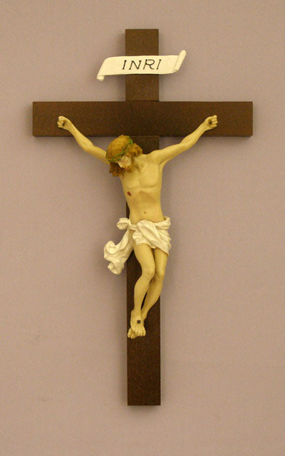 14" Baroque Style Crucifix, Hand Painted Alabaster on Wood, # 67823