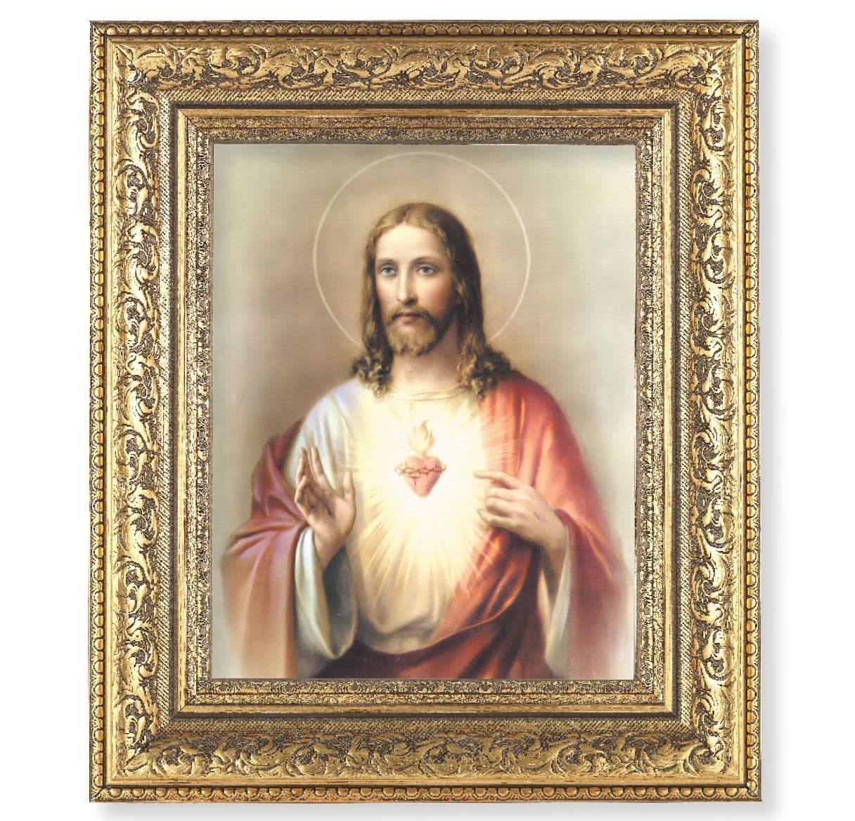 Sacred Heart of Jesus Picture, 12-1/2"x14-1/2, Antique Gold Leaf Carvings Ornate Frame, Italian Print Under Glass # 25429