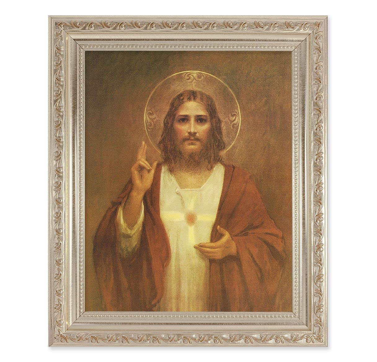 Chambers: Sacred Heart of Jesus, 10"x12" Antique Silver & Carved Scrollwork Frame, Italian Print Under Glass # 26754
