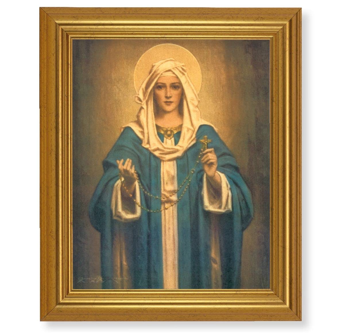 Our Lady of The Rosary Picture, 10"x12" Gold-Leaf Finished Classic Frame, Italian Print on Artboard # 27393