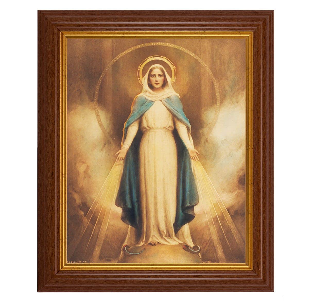 Chambers: Miraculous Mary, 10.5"x12.5" Walnut Finished Fluted Frame, Gold Beaded Lip, Italian Print # 27011