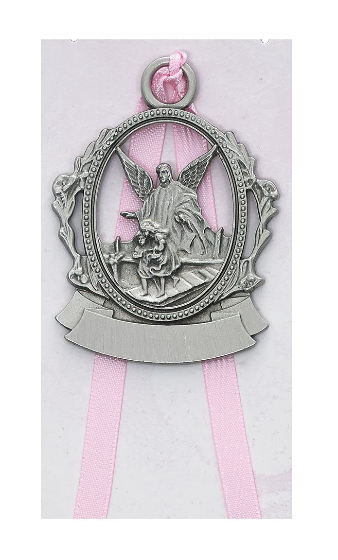 Guardian Angel Crib Medal with Pink Ribbon, Fine Pewter, 2-Count Value Pack 2-1/2" # 21562